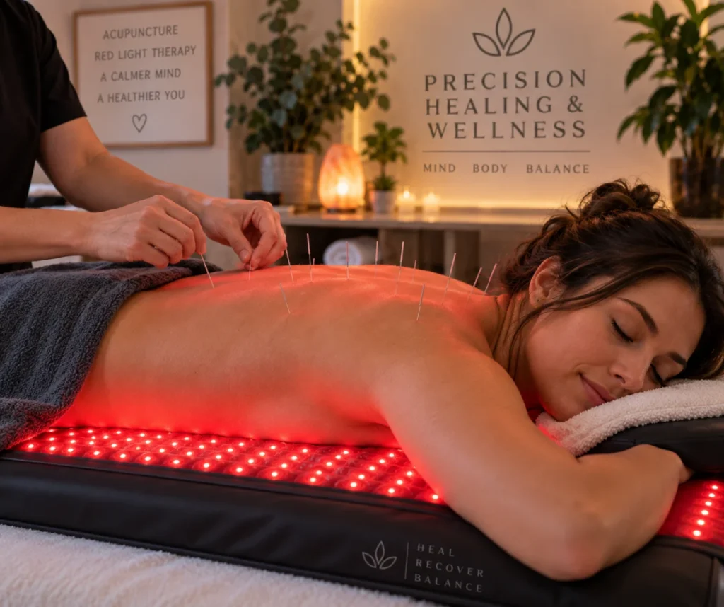 Red Light Therapy + Acupuncture Woman at precision Healing and Wellness getting Red Light Acupuncture